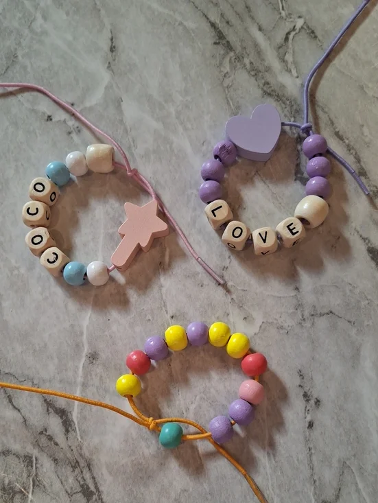 Kids Beaded Name & Charm Bracelet Set - Pastel Pink, Lavender, Yellow- Handmade
