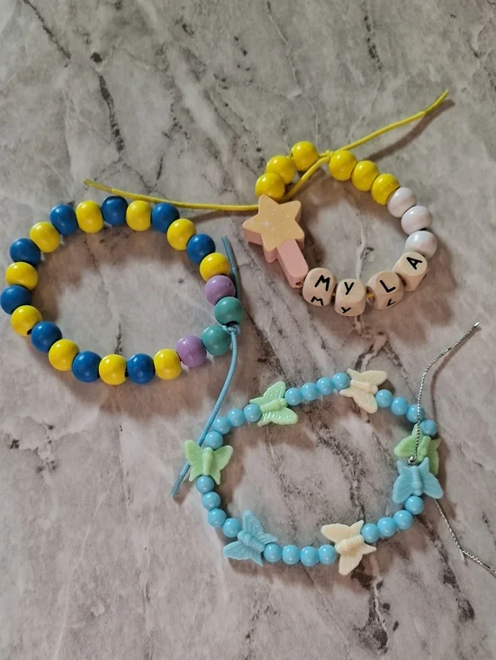 Personalized Kids Beaded Bracelet Set in Yellow, Blue and Pastel Handmade