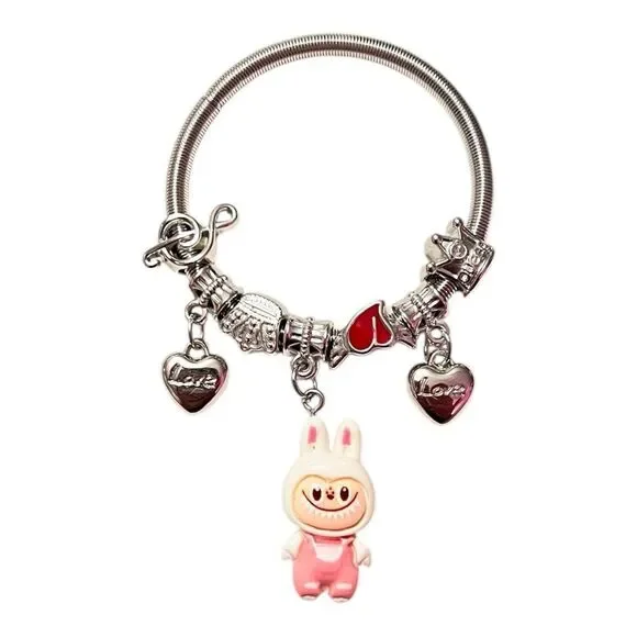 🤯5/$25🤯 Stretchy White Labubu Love Heart Crown Note Silver Child Charm Bracelet