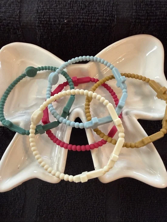 Kids Silicone Bead Bracelet Set - Ivory, Teal, Light Blue, Mustard & Magenta