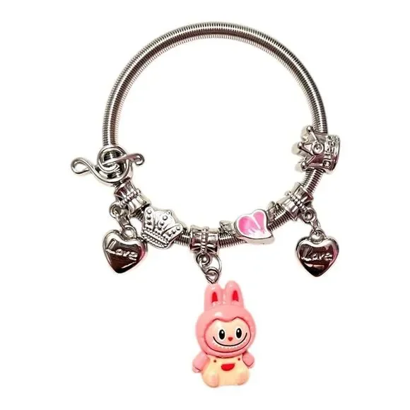 🤯5/$25🤯 Stretchy Pink Labubu Love Heart Crown Note Silver Child’s Charm Bracelet