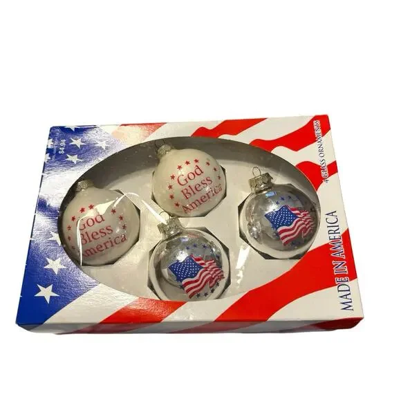 Box 4 God Bless America Patriotic Glass Christmas Ornaments Made USA 2.5