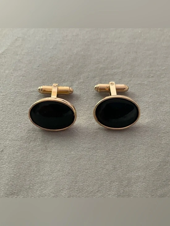Vintage Gold Plated Black Oval Cufflinks - Men's Classic Formal Accessory