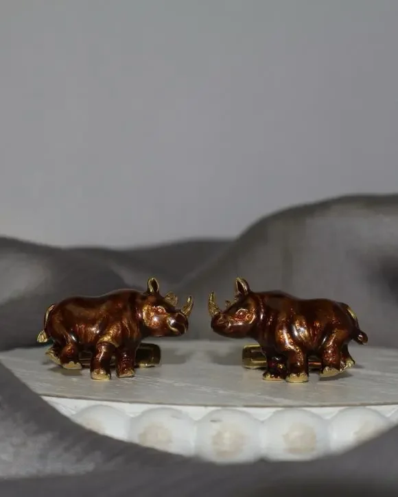 David Webb 18k Yellow Gold Enamel Rhino Cufflinks 20G