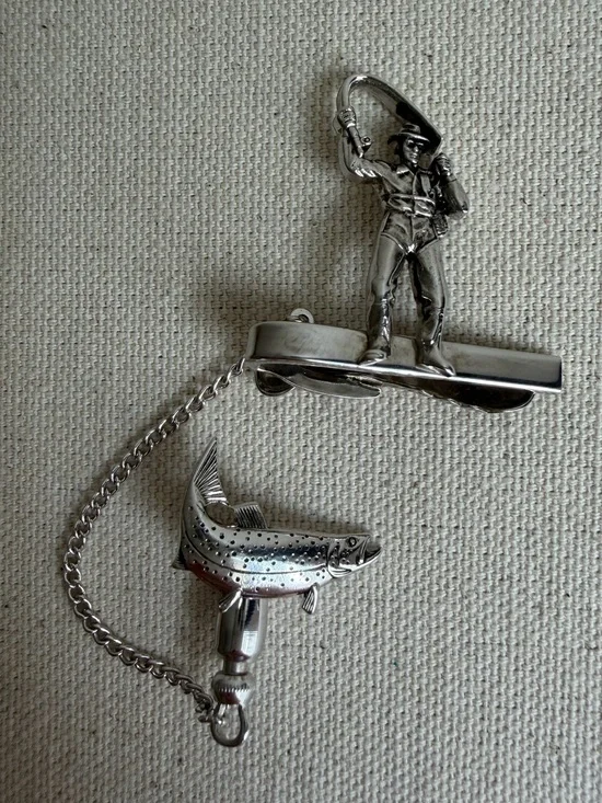 Vintage Hickock Fly Fisherman & Trout Tie Bar and Tack Set 1950s Sport Fishing