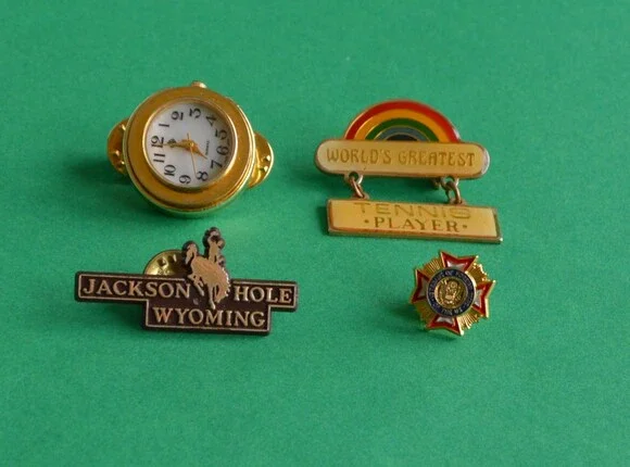 Set of 4 Lapel Pins-Tennis Player, Jackson Hole, US Air Force, Miniature Watch