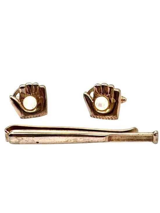 Baseball Motif Cuff Links Tie Clip MOP Baseball in Mitt Gold Tone Vintage 1950s