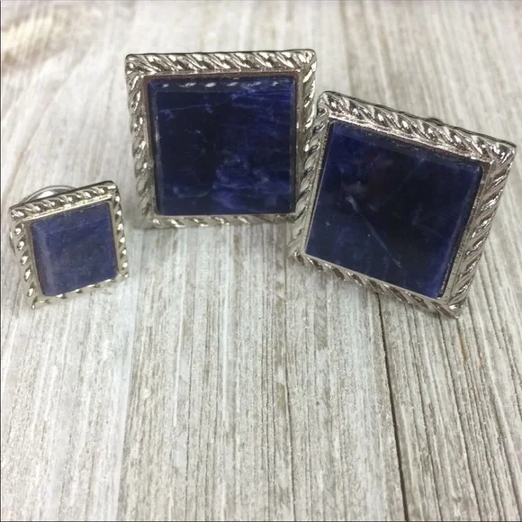 Vintage Marbleized Blue Glass Square Links & Tack