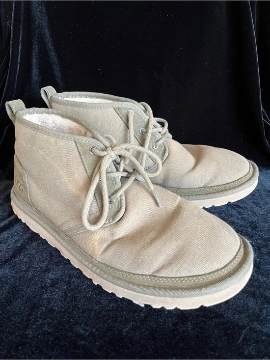 UGG MOSS GREEN NEUMEL CANVAS SHEEP WOOL ANKLE BOOTS, DISTRESSED MEN US 11