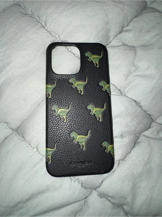 Coach Black Leather Phone Case with Green Dinosaur Motif