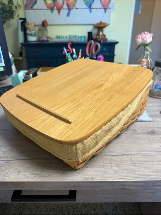 Longaberger wooden Lap Desk with Woven Basket Base in Light Oak and Mustard