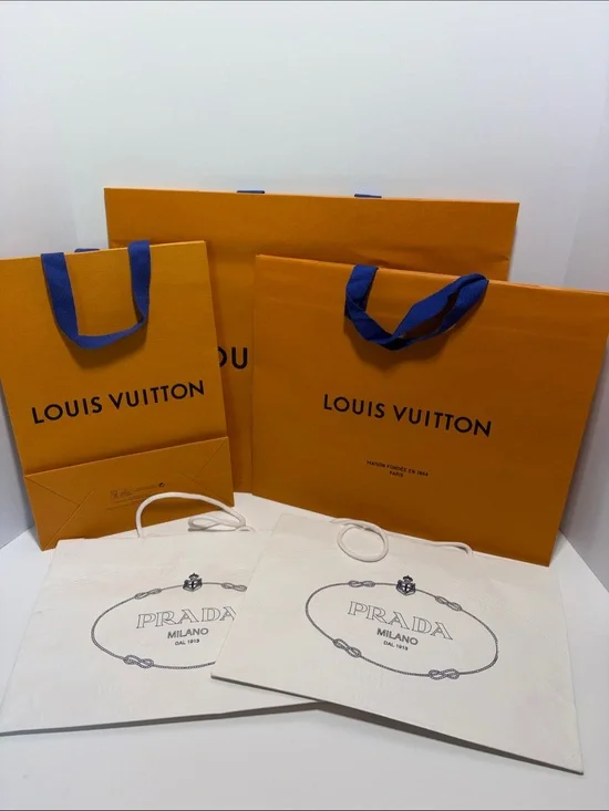 3 Louis Vuitton Orange Shopping Bag with 2 White Prada Bag