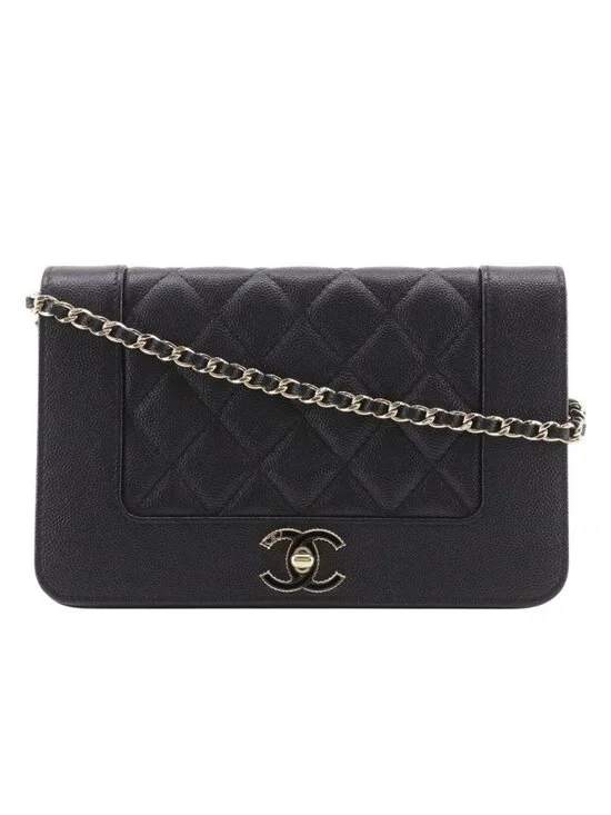 Chanel Mademoiselle Quilted Caviar Leather Black Chain Wallet Shoulder