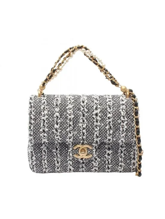 Chanel Shoulder Bag Quilted Faux Pearl White Black Fabric Leather Small Flap