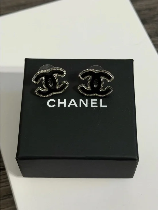 CHANEL Black and Silver CC Logo Stud Earrings