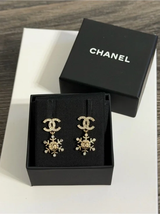 Chanel Gold Crystal CC Snowflake Drop Earrings
