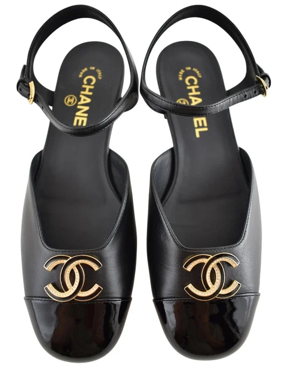 Chanel 25P Black Patent Gold CC Slingback Ankle Strap Ballerina Ballet Flat 37