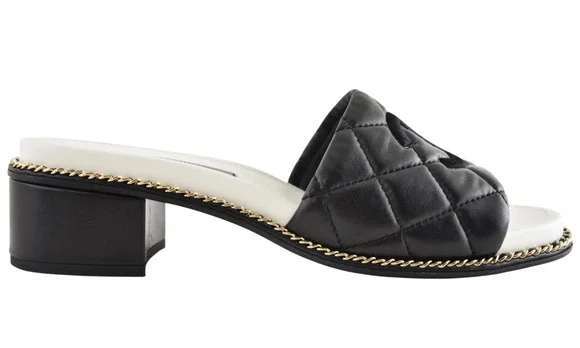 Chanel 25P Black Quilted Leather Chain CC Logo Mule Slide Sandal Block Heel 40