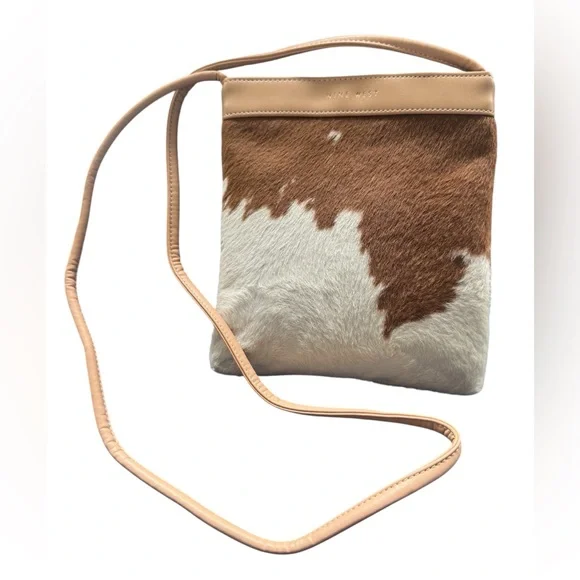 Nine West Calf Hair Leather & Nylon Crossbody Bag – 8” x 8.5” GUC Tan & Cream