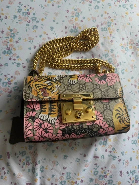 Gucci Pink Floral Tiger GG Canvas Crossbody with Gold Hardware