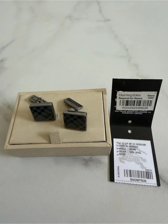 Authentic Burberry Men’s Cufflinks Dark Nickel Check Plaid  W/ Original Box EUC
