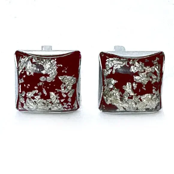Vintage Mid Century Modern Cufflinks 1960s Dark Red & Silver Tone