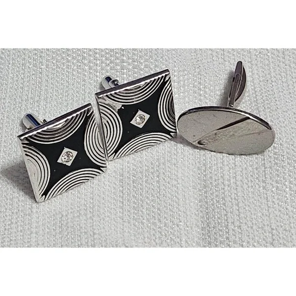 SWANK Art Deco Geometric‎ Square Cufflinks Silver Black Toggle Back Dapper Mens