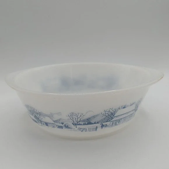 Glasbake Currier & Ives‎ Blue Milk Glass Round Casserole Dish J-514 2 QT USA