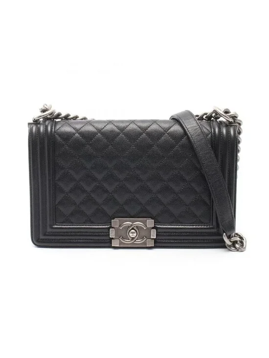 Chanel Shoulder Bag Boy Black Caviar Leather Boy Chain