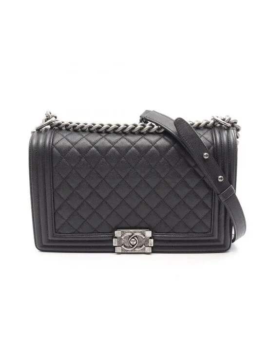 Chanel Shoulder Bag Boy Large Chest Blanc Black Caviar Leather Boy Chain