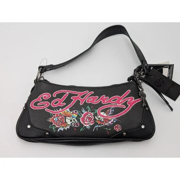 Ed Hardy Shoulder Crossbody Bag Skulls Butterflies Roses Tattoo Rhinestones