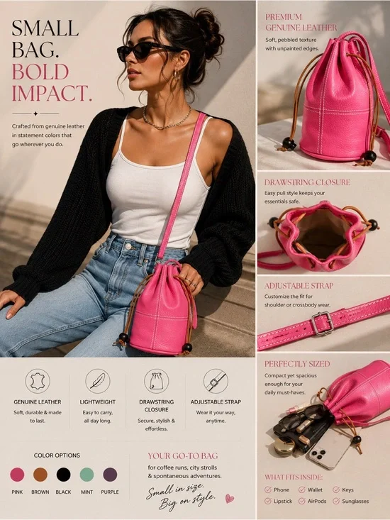 Genuine Leather Pink Drawstring Crossbody Bag