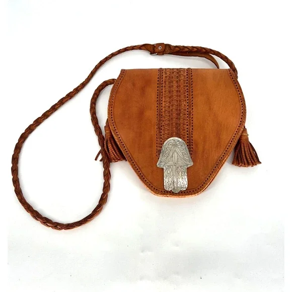 Vtg Four Winds‎ Leather Crossbody Brown Boho Hamsa Concho Morocco Braided Hippie