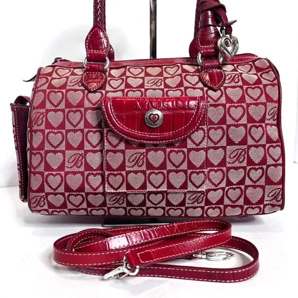 Brighton Red Heart Canvas & Croc Embossed Leather Vtg Satchel