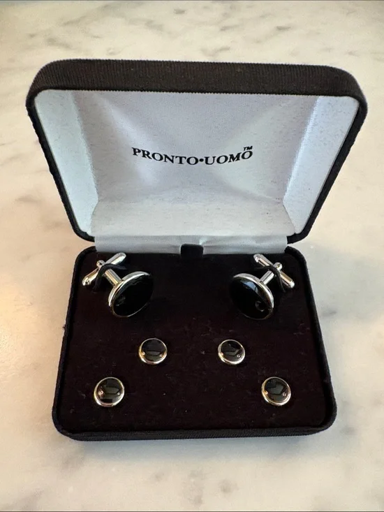 Pronto Uomo Black and Silver Round Enamel Cufflinks with Matching Studs