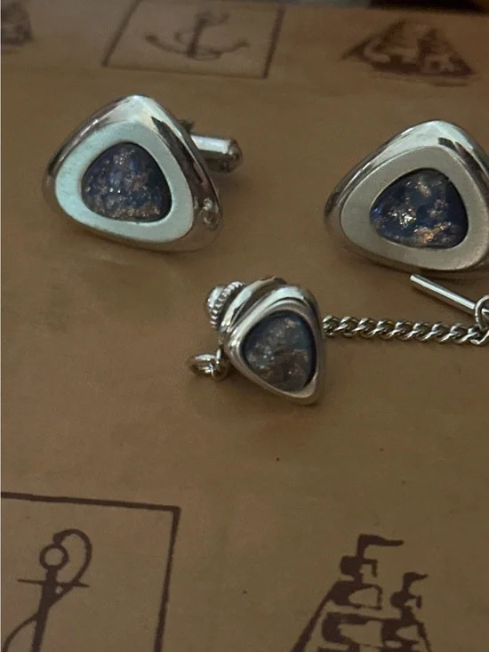 Vintage Source Unknown Silver Cufflinks and Tie Tack with Blue Opal Inlay