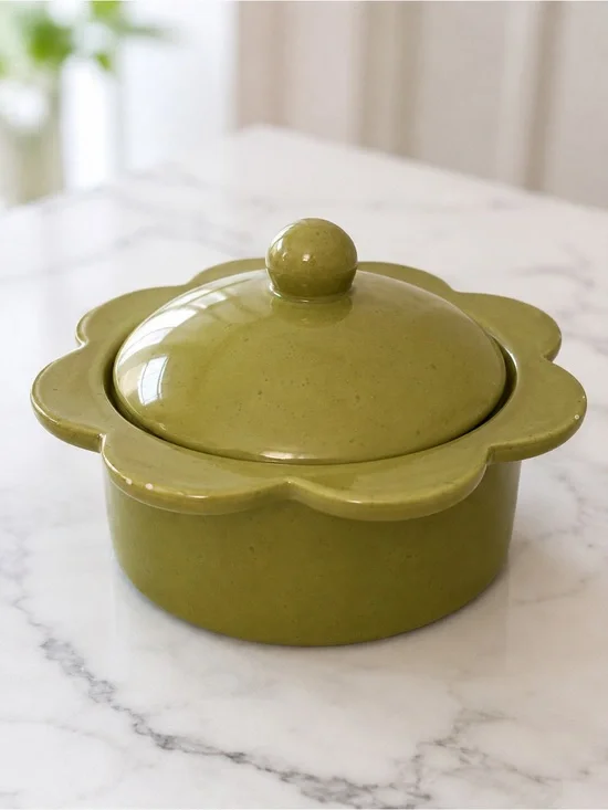 Flower Shaped Olive Green Ceramic Baking Vessel w/ Lid NWT Rustic Cottage