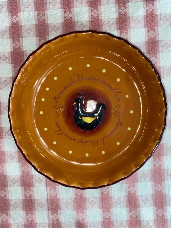 Bonnie Lynn Rustic Orange Ceramic Pie Plate Dish Hen Motif Country Farmhouse