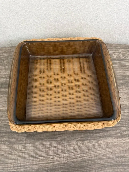 PYREX Fireside Square Amber Glass Casserole Dish with woven Basket Vintage
