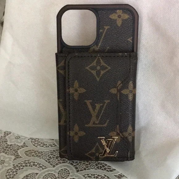 Louis Vuitton Monogram Canvas Phone Case in Brown with Gold LV Accent