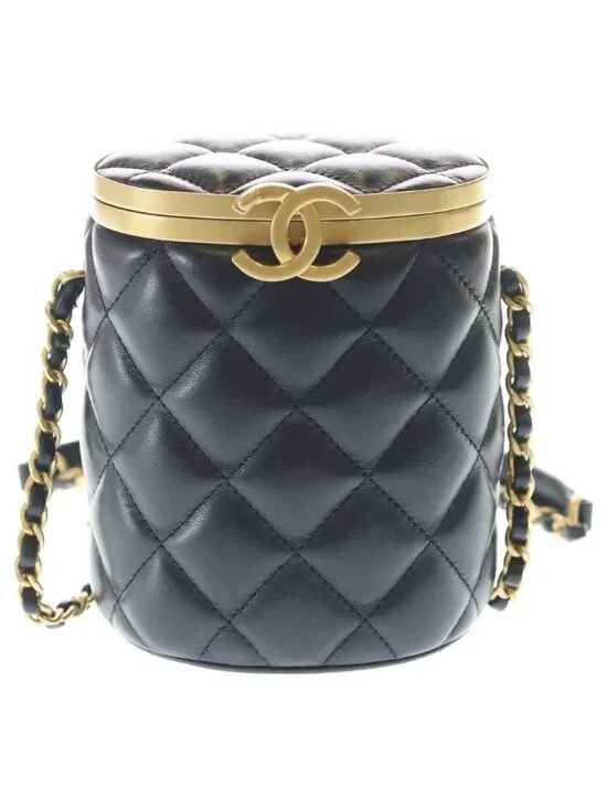 Chanel Crown Box Vanity Lambskin Leather Chain Shoulder Bag Gold Black Plate