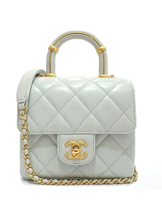 Chanel Top Handle Mini Flap Quilted Shoulder Bag Lambskin Light Blue