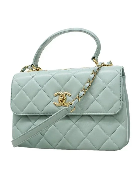 Chanel Handbag Quilted Lambskin Light Blue Champagne Gold 2-Way