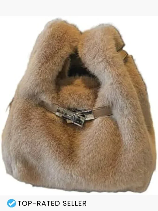 Faux Fur Crossbody Bag Plush Fluffy Bucket Purse with Leather Strap