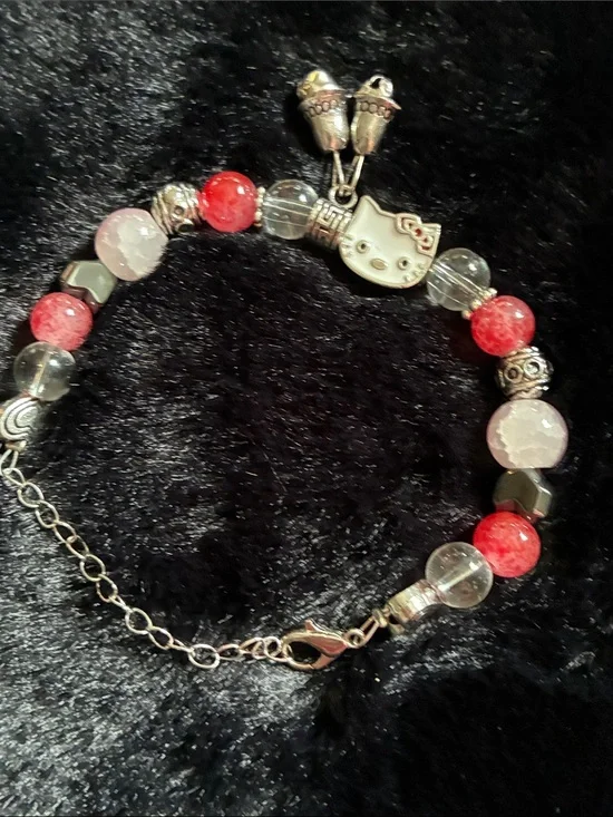 Hello Kitty Red, Clear & Pink Beaded Charm Bracelet