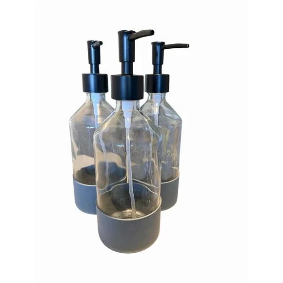 3 TARGET BULLSEYE REUSABLE GLASS SOAP/LOTION DISPENSER 9.25” Blue Silicone Base