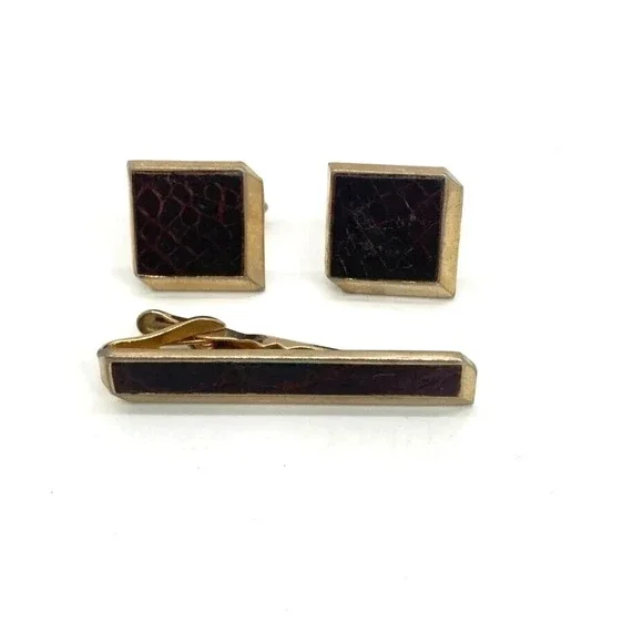 Vintage Swank Mens‎ Square Cufflinks Tie Clip Set Brown Faux Leather Gold Tone