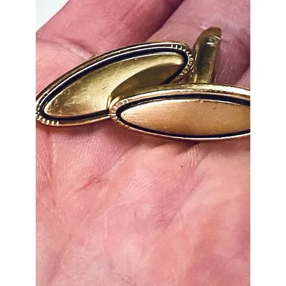 Vintage Gold Plated Oval Cufflinks Black Accent Classic Mens Retro Set