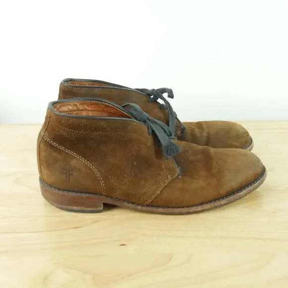 FRYE Men's Chukka Boots 9B Brown Suede USA Made Lace Up Shoes Desert‎ Patina