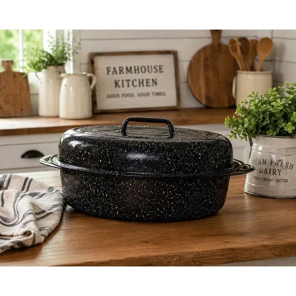 Vintage Black Speckled Enamel Oval Roaster w/ Lid Approx. 5 Qt 11